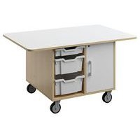 Ilot Wallis 120x80x65 cm plateau mélaminé bouleau-blanc - sur roulettes - Image principale