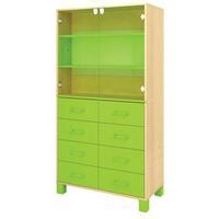 Bibliothèque Confetti pieds - étagères portes verre et tiroirs bouleau/vert - Image principale