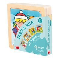 Lot 4 puzzles de 9 pièces en bois sur plateau en bois - Image principale