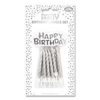 Set de 12 bougies + plaque Happy Birthday, argent - Image principale