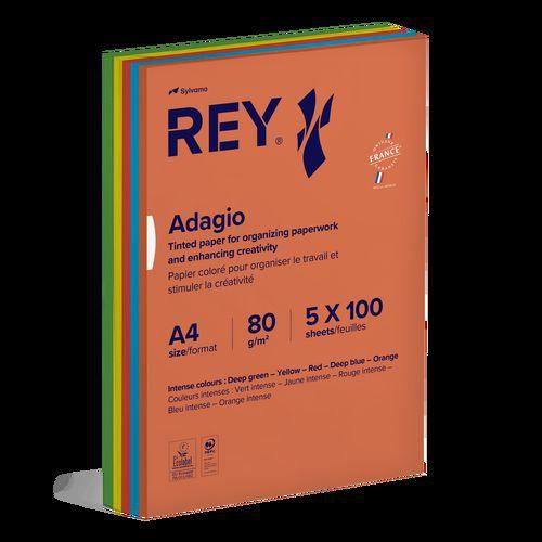 Illustration de : Ramette 500 feuilles A4 80g 5 teintes vives assorties - Rey