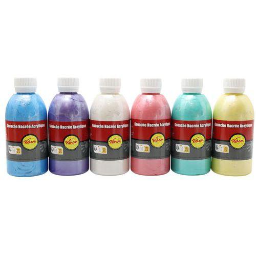 Illustration de : Assortiment de 6 flacons de 250ml de gouache acrylique nacrée - Pichon