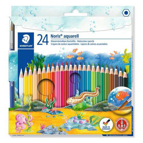 Illustration de : Etui 24 crayons couleurs aquarellables Noris Club+ 1 pinceau-Staedtler