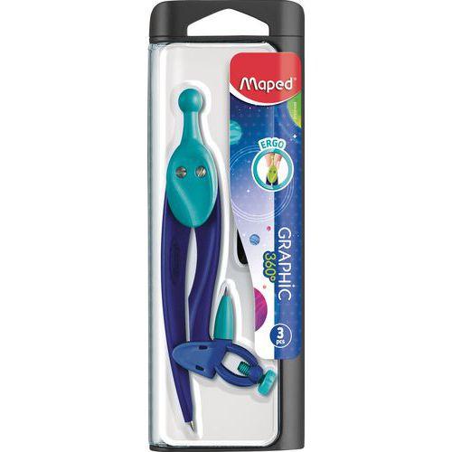 Illustration de : Coffret 3 pièces dont 1 compas plastique 360° interchangeable - Maped
