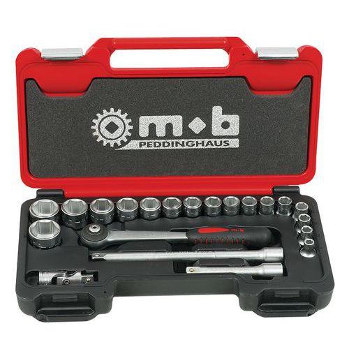 Illustration de : Coffret box 1/2'' 21 pièces, 6 pans, cliquet rond