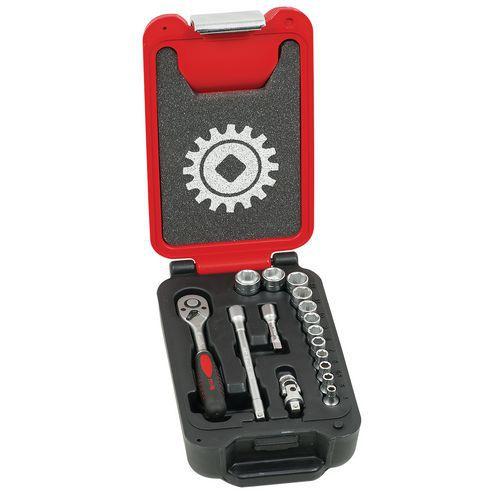 Illustration de : Coffret box 1/4'' 16 pièces 6 pans cliquet poire