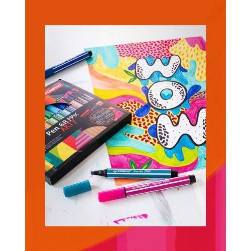 Illustration de : Etui de 12 feutres pointe biseautée pen 68 max arty - Stabilo