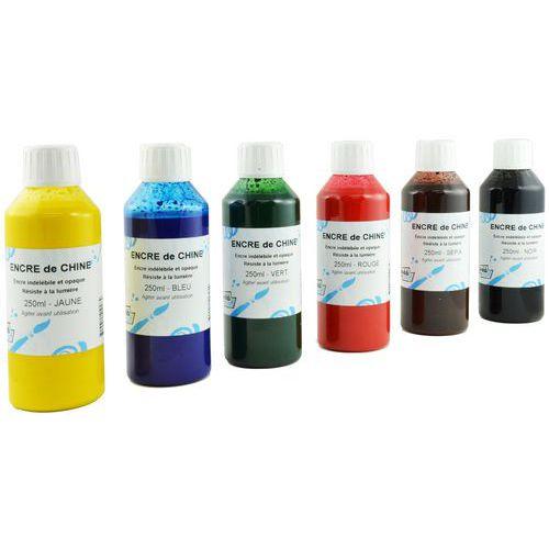 Illustration de : Set de 6 flacons d'encre de Chine 250ml, couleurs assorties