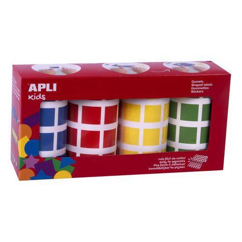 Illustration de : Lot 4 rouleaux 1770 gommettes 4 couleurs 20mm carré - Apli Kids