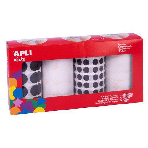 Illustration de : Lot 4 rouleaux gommettes rond noir/blanc Ø10,5 et 20mm - Apli Kids