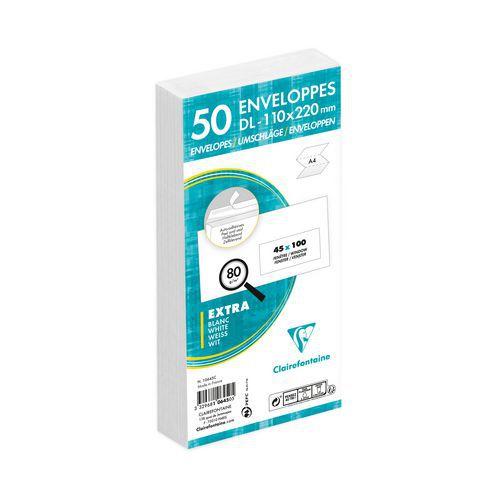 Illustration de : Enveloppes extra blanc 110x220 + fenêtre 45x100 - Clairefontaine