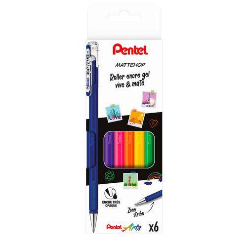 Illustration de : Pochette 6 stylos roller gel vive mate assortis mattehop - Pentel
