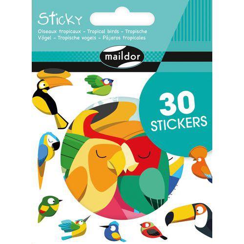 Illustration de : Etui 30 gommettes sticky oiseaux tropicaux - Maildor