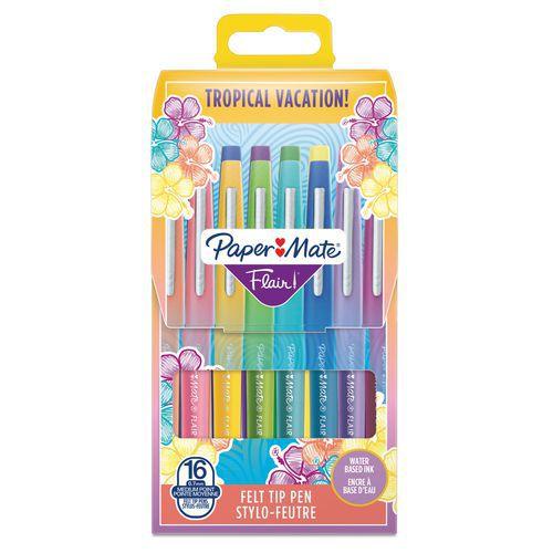 Illustration de : Pochette 16 feutres flair couleurs tropicales - Papermate