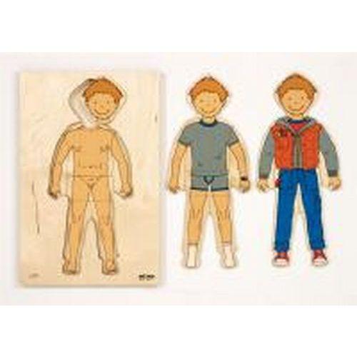 Illustration de : Puzzle encastrement 21 pièces je m'habille garçon - Educo