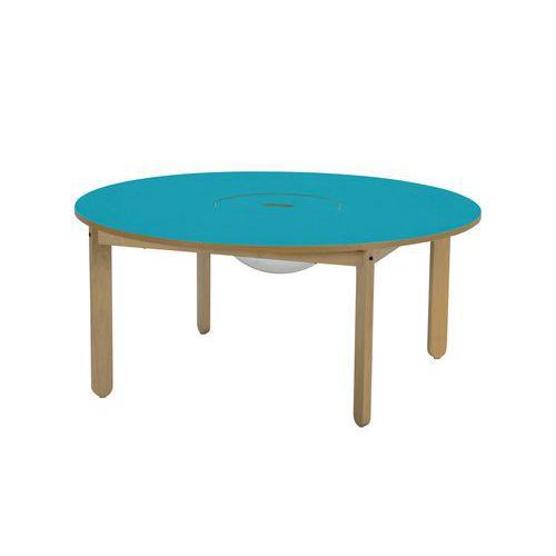 Illustration de : Table Lili ronde, plateau couleur avec bac, piétement bois hêtre