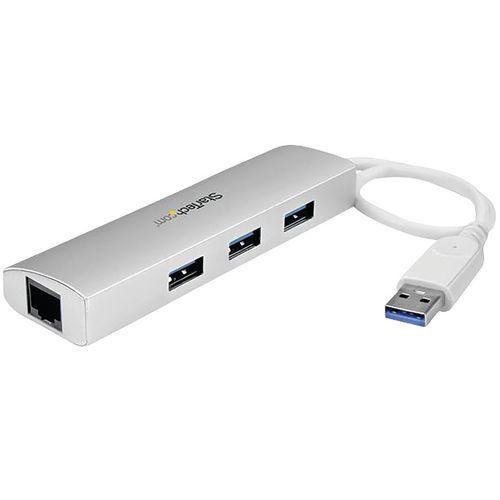Illustration de : Hub USB 3.0 portable à 3 ports avec Gigabit Ethernet-Câble intégré-Aluminium