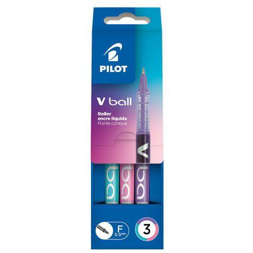 Illustration de : Pochette 3 rollers V ball 0,5 mm rose/turquoise/violet - Pilot