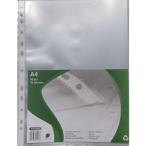 Illustration de : Sachet 50 pochettes polypropylène perfores A4 incolore 75 microns