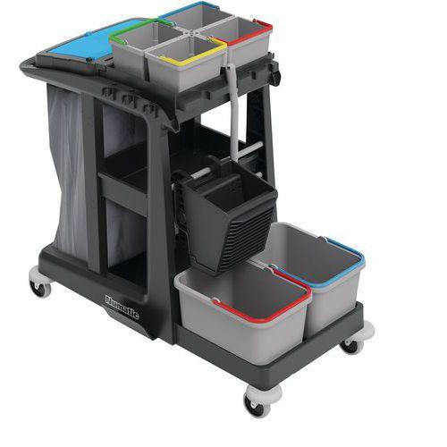 Illustration de : Chariot avec support sac, zone de stockage, kit de lavage