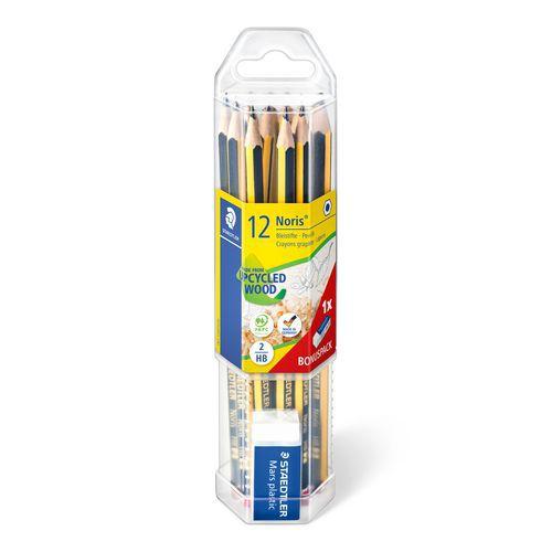 Illustration de : Tube 12 crayons noirs noris HB et 1 gomme - Staedtler