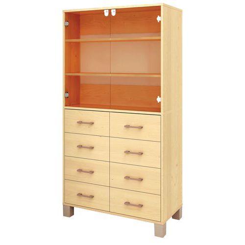 Illustration de : Bibliothèque Confetti avec pieds - étagères portes en verre et tiroirs