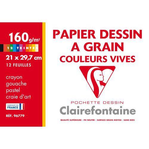 Illustration de : Pochette de 12 feuilles dessin à grain A4 160g - Clairefontaine