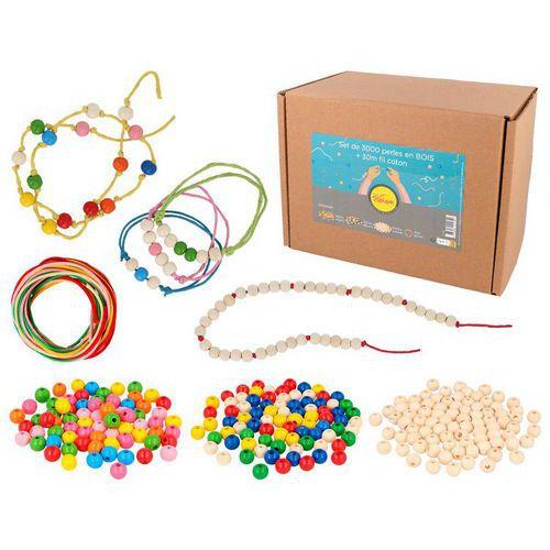 Illustration de : Lot de 3000 perles bois Ø10mm assorties + 30 m fils - Pichon