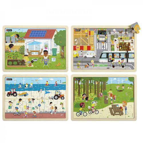 Illustration de : Lot de 4 puzzles en bois - Eco-citoyens - Nathan