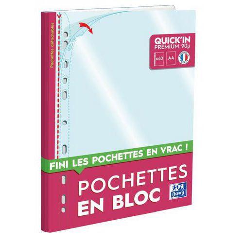 Illustration de : Bloc 40 pochettes détachables A4 incolore perforées quick'in - Oxford
