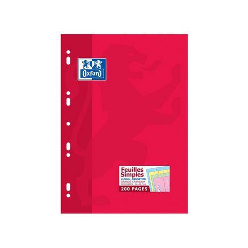Illustration de : Etui rouge 100 feuilles simples A4 seyès perforées couleurs - Oxford