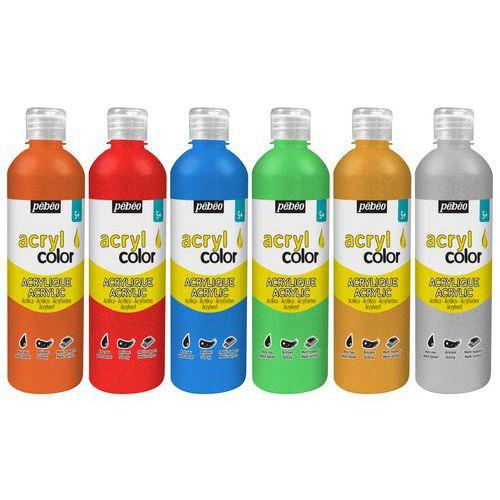 Illustration de : Assortiment 6 flacons 500 ml Acryl Color peinture pailletée - Pébéo