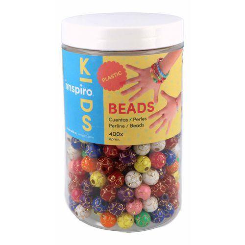 Illustration de : Bocal 400 perles plastiques couleurs décor doré Ø 9mm - Innspiro