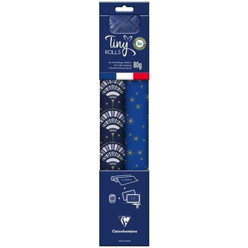 Illustration de : Lot 2 rouleaux papier cadeau 80g 5x0,35m bleu/or - Clairefontaine