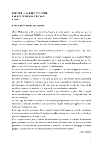 Résister la guerre d'algérie, par les textes de l'époque - Image principale