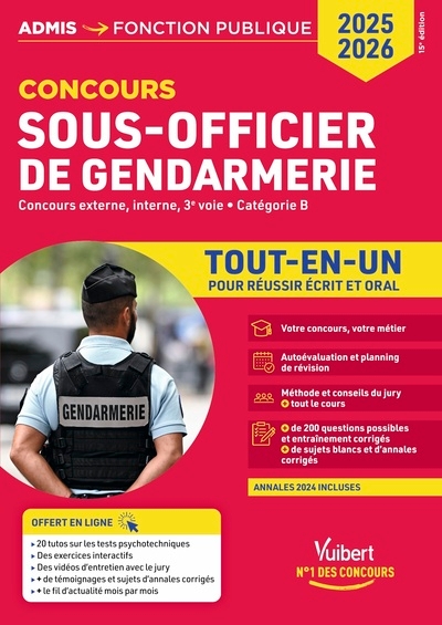 Concours sous-officier de gendarmerie - catégorie b - tout-en-un - vidéos offertes : 4 entretiens commentés + 20 tutos sur les tests psycho - Image principale
