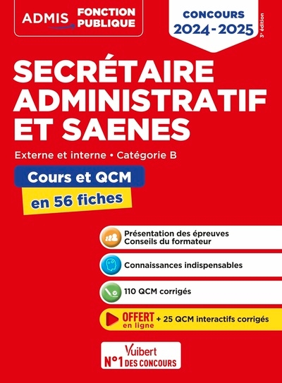 Concours secrétaire administratif et saenes - catégorie b - cours et qcm en 56 fiches - Image principale