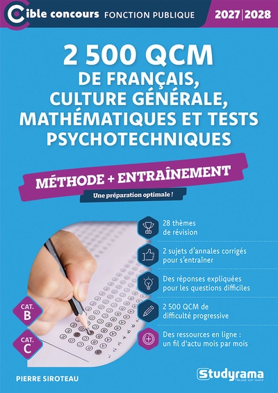 2 500 qcm de français, culture générale, mathématiques et tests psychotechniques – méthode + entraînement (catégories b et c – édition 2027-2028) - Image principale