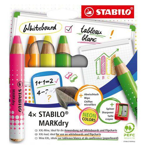 Illustration de : Etui 4 crayons marqueurs Markdry fluo - Stabilo