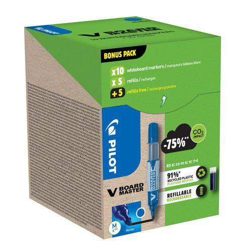 Illustration de : Boîte v board master bleu 10 marqueurs + 10 recharges - Pilot