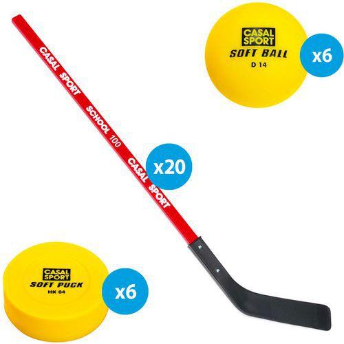 Illustration de : Matériel street hockey school - lot de 20 crosses + 6 balles + 6 palets