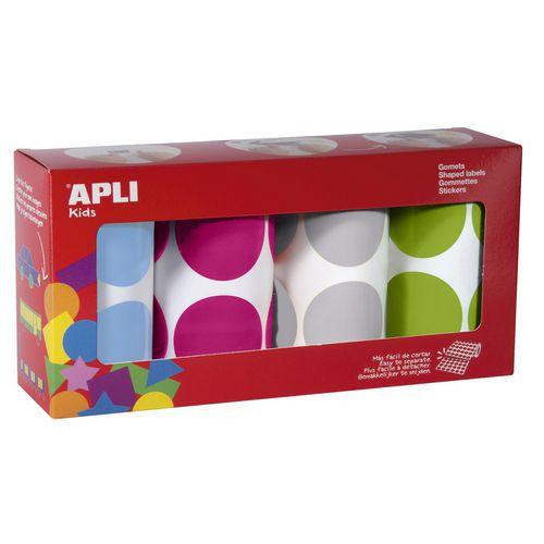 Illustration de : Lot 4 rouleaux gommettes rond 4 couleurs Ø45mm 1416 unités - Apli Kids