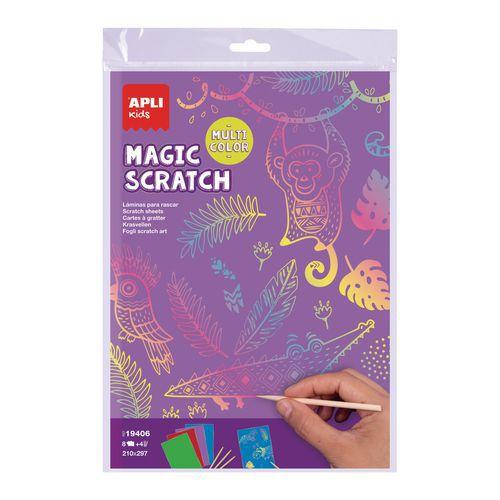 Illustration de : Pochette 8 cartes à gratter A4 multicolore 4 bâtonnets - Apli Kids