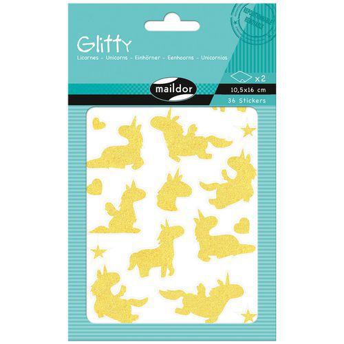 Illustration de : Etui 36 gommettes glitty licornes, jaune et rose - Maildor