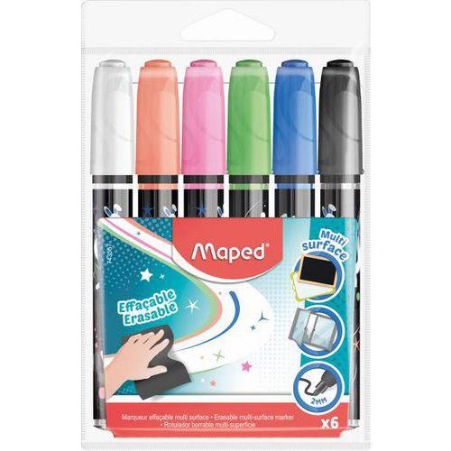 Illustration de : Pochette de 6 marqueurs effaçables multi surface - Maped