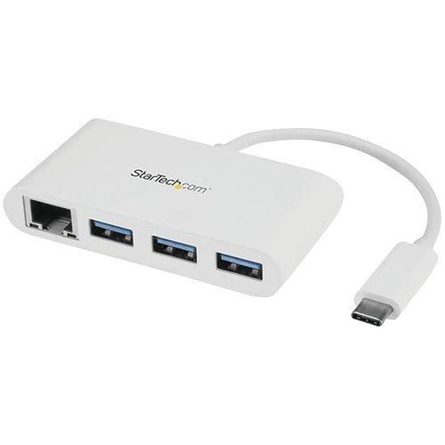 Illustration de : Hub USB- C à 3 ports avec Gigabit Ethernet-USB 3.0-USB-C vers 3x USB-A-Blanc