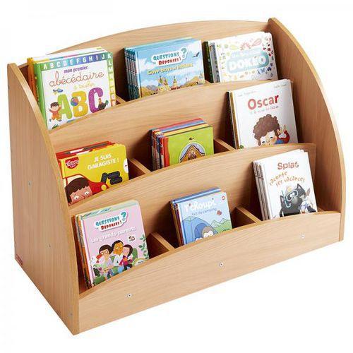 Illustration de : Bac livres présentoir roulettes 9 compartiments teinte hêtre - Nathan
