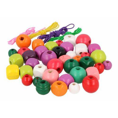 Illustration de : Baril 500 g perles en bois colorés + 4 cordons - Innspiro