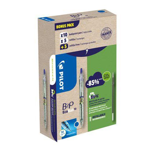 Illustration de : Greenpack 10 stylos b2p ecoball bleu et 10 recharges - Pilot